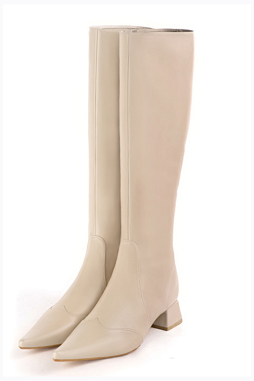 Champagne white women's feminine knee-high boots. Pointed toe. Low flare heels. Made to measure. Front view - Florence KOOIJMAN